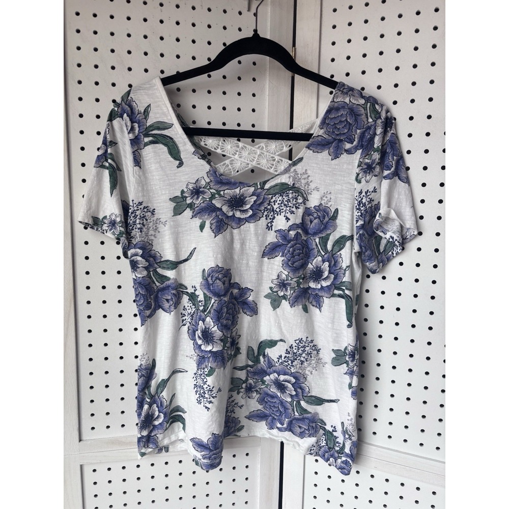 LOFT Women's M Floral Short SLV Crochet Cross Back‎ Tee Shirt Cotton